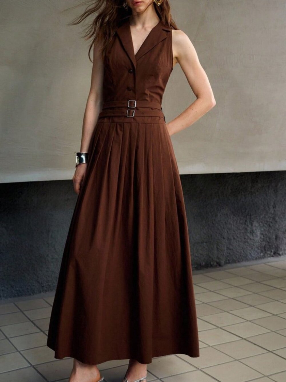 Chocolate Brown Belted Pleated Maxi Dress with Lapel Collar